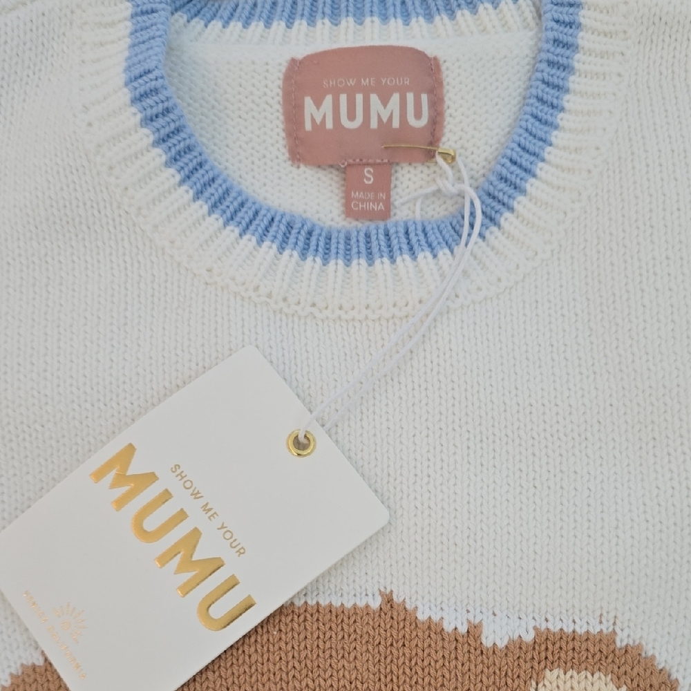 Show Me Your MuMu Cream Knit Sweater with Brown Teddy and Light Blue Trim - Picture 2 of 5